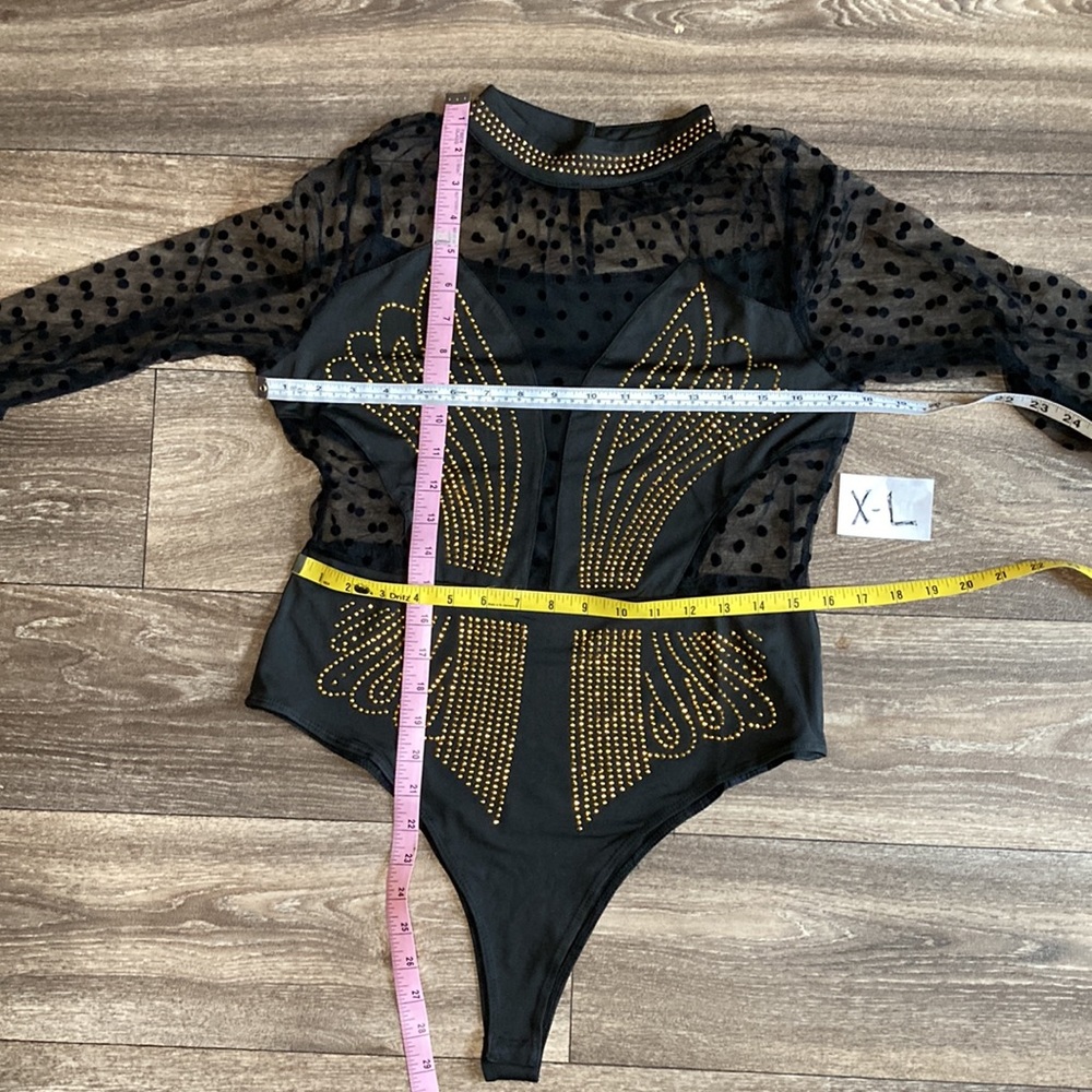 Black Gold Studded Bodysuit Corset Silhouette over Delicate Swiss Dot S/M/L/XL - Picture 10 of 10